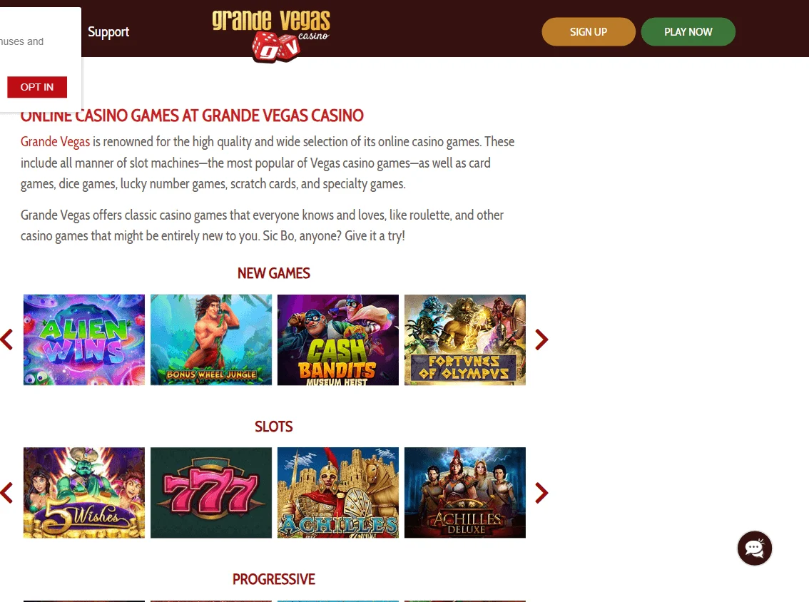 Grande Vegas Casino games screen on desktop