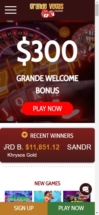 Grande Vegas Casino home screen on a mobile device