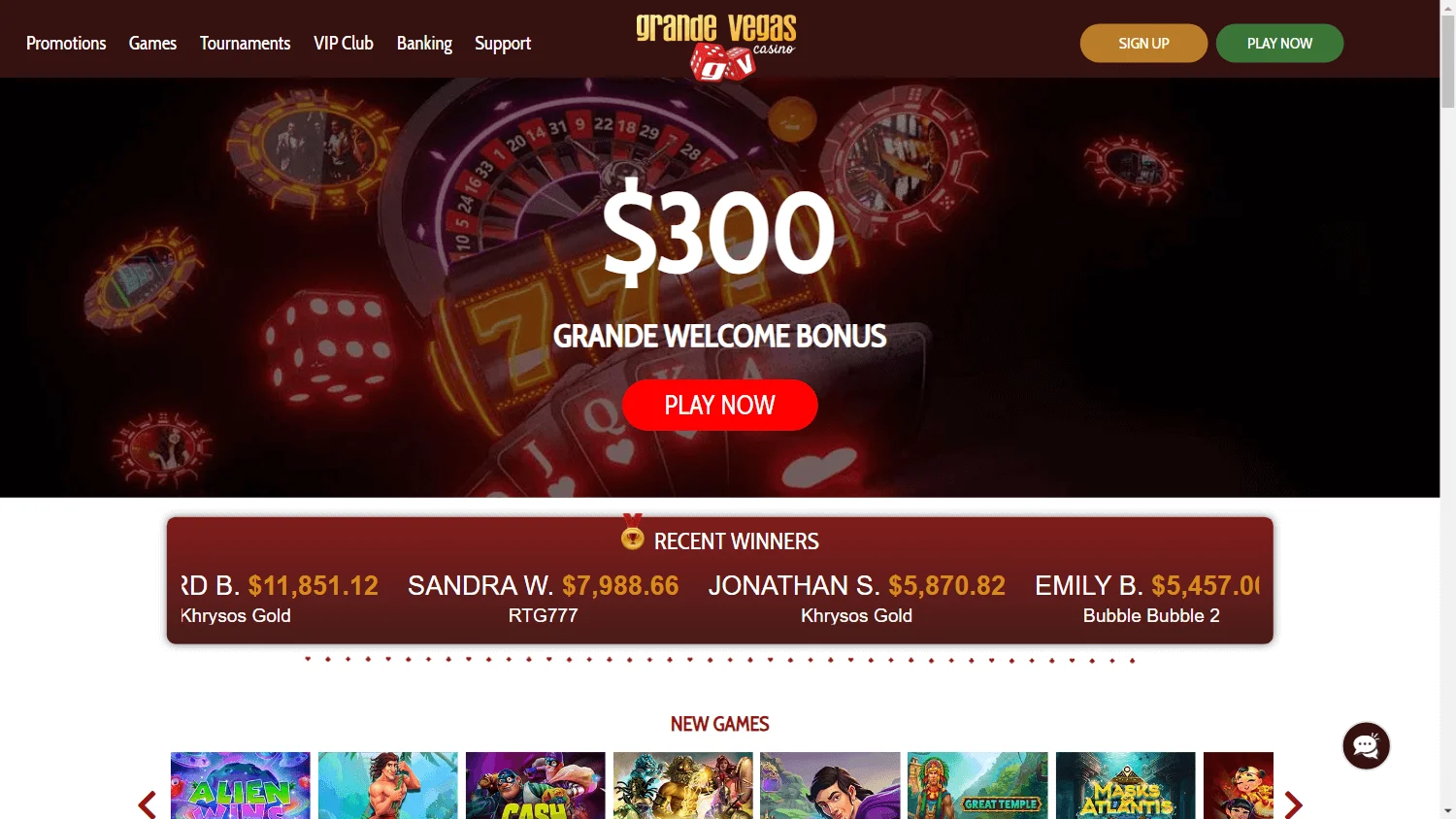 Grande Vegas Casino home screen on desktop