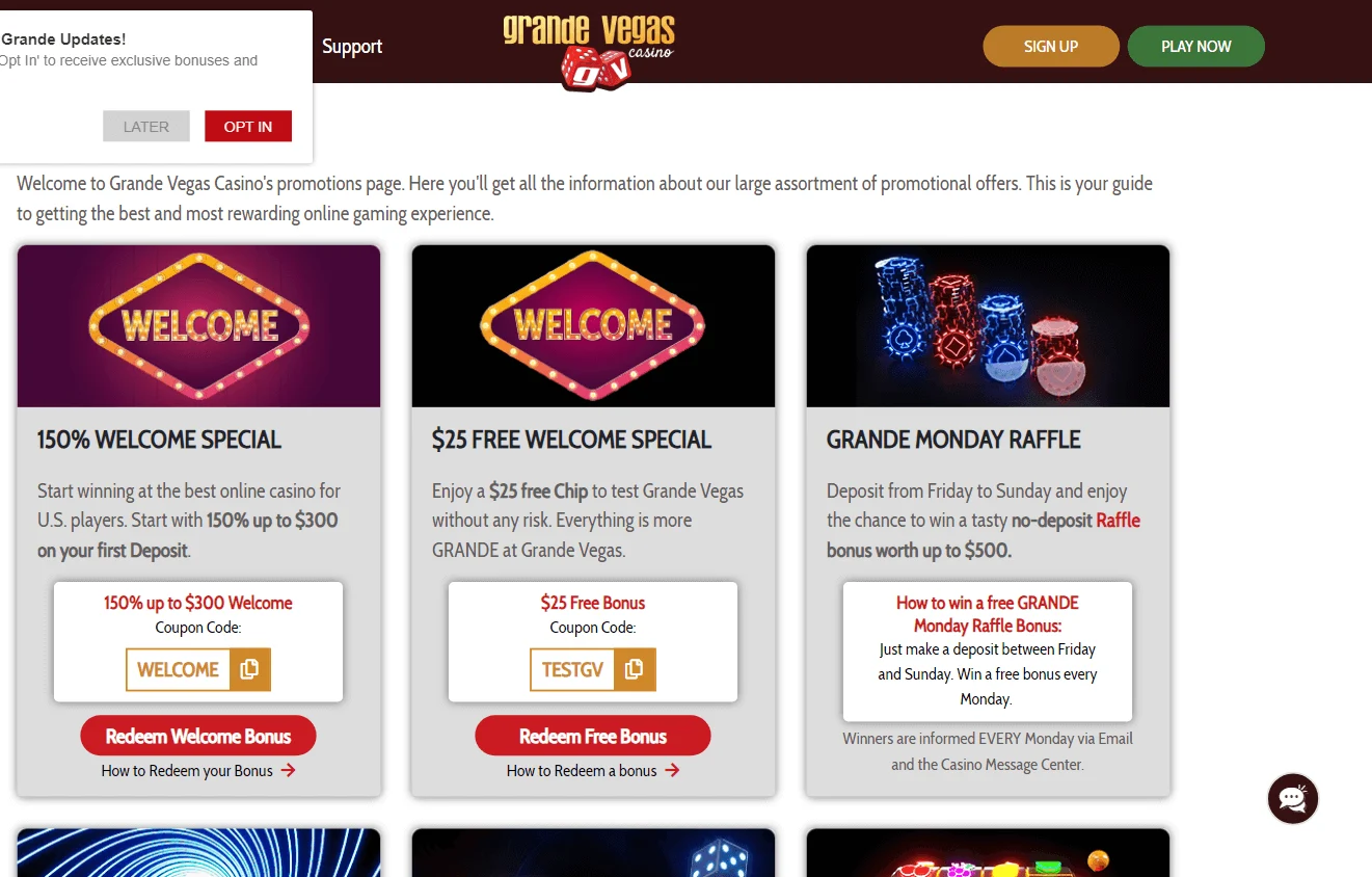Grande Vegas Casino promotions screen on desktop