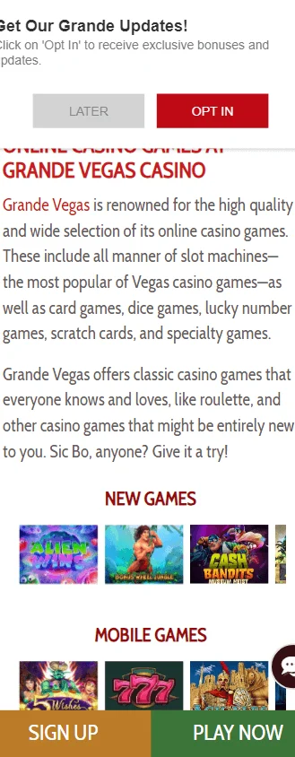 Grande Vegas Casino games screen on a mobile device