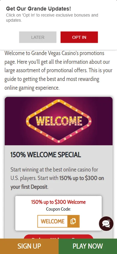 Grande Vegas Casino promotions screen on a mobile device